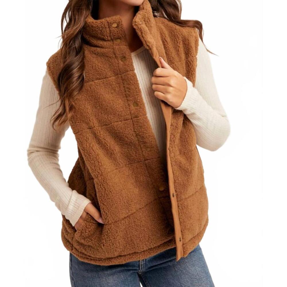 NEW HEM & THREAD kristine teddy puff vest in mocha - Picture 3 of 3